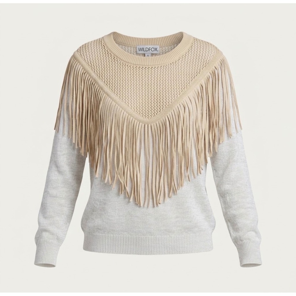 Wildfox Fringe Cotton Crochet Western Knit Sweater Ivory Beige Boho Festival SzS